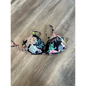 Bikini Top Like New M Black Colorful Tropical Flowers Tie back strappy pushup
